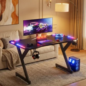 Y‑Shaped Gaming Desk with RGB LED Lights, Ergonomic Carbon‑Fiber Surface