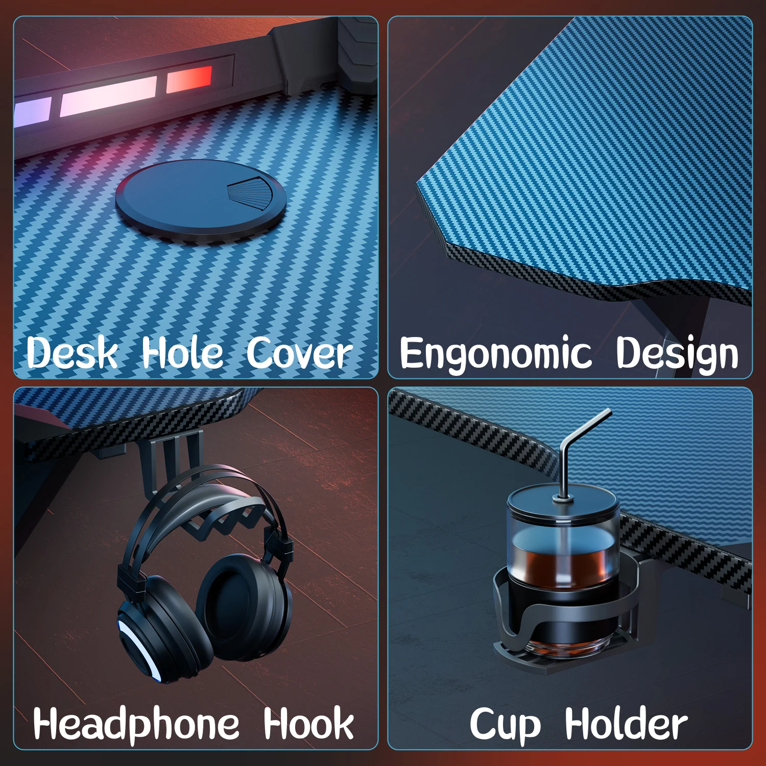 Y‑Shaped Gaming Desk with RGB LED Lights, Ergonomic Carbon‑Fiber Surface - Image 5