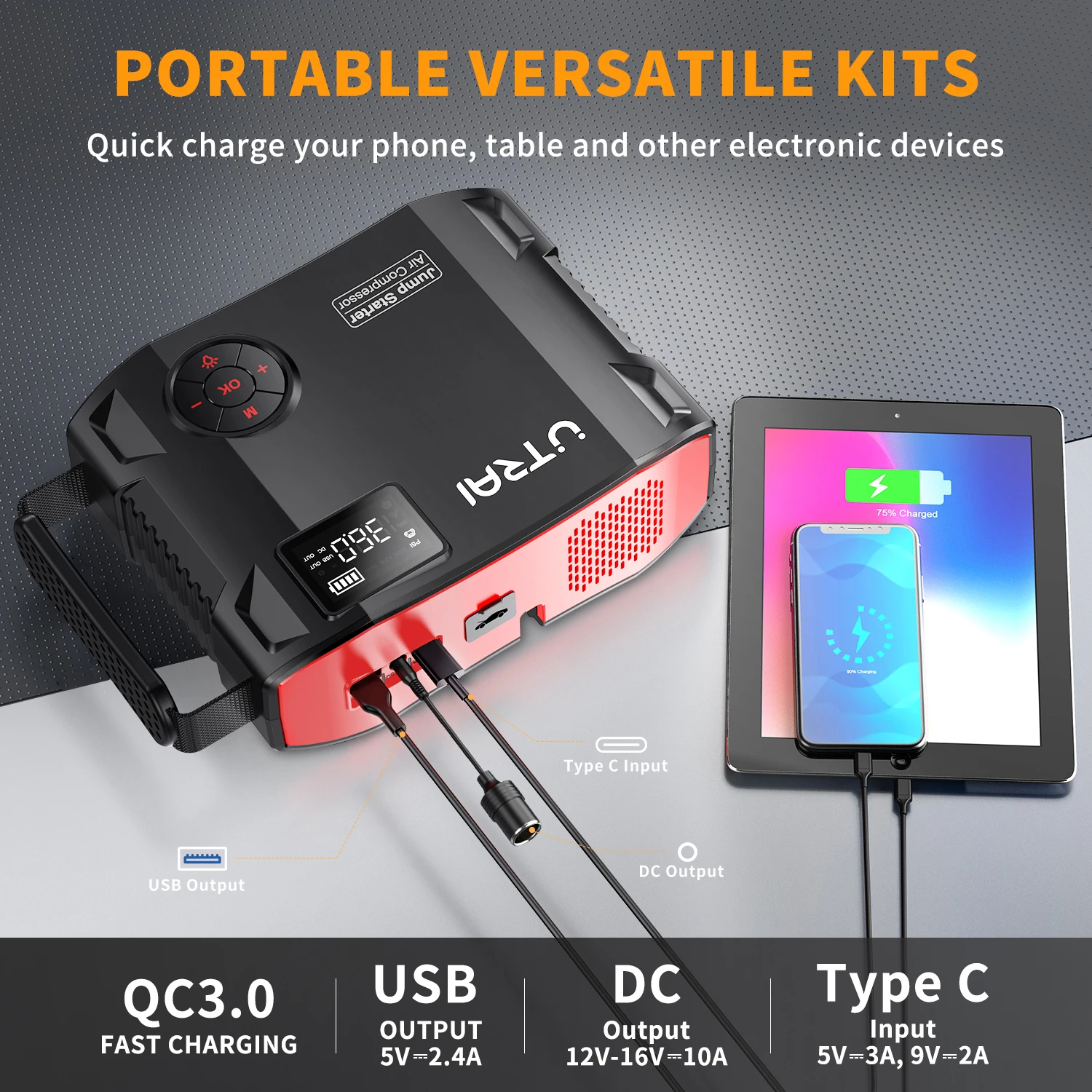 UTRAI 4 In 1 2000A Jump Starter Power Bank 16000mAh 150PSI Air Compressor Tire Pump - Image 4