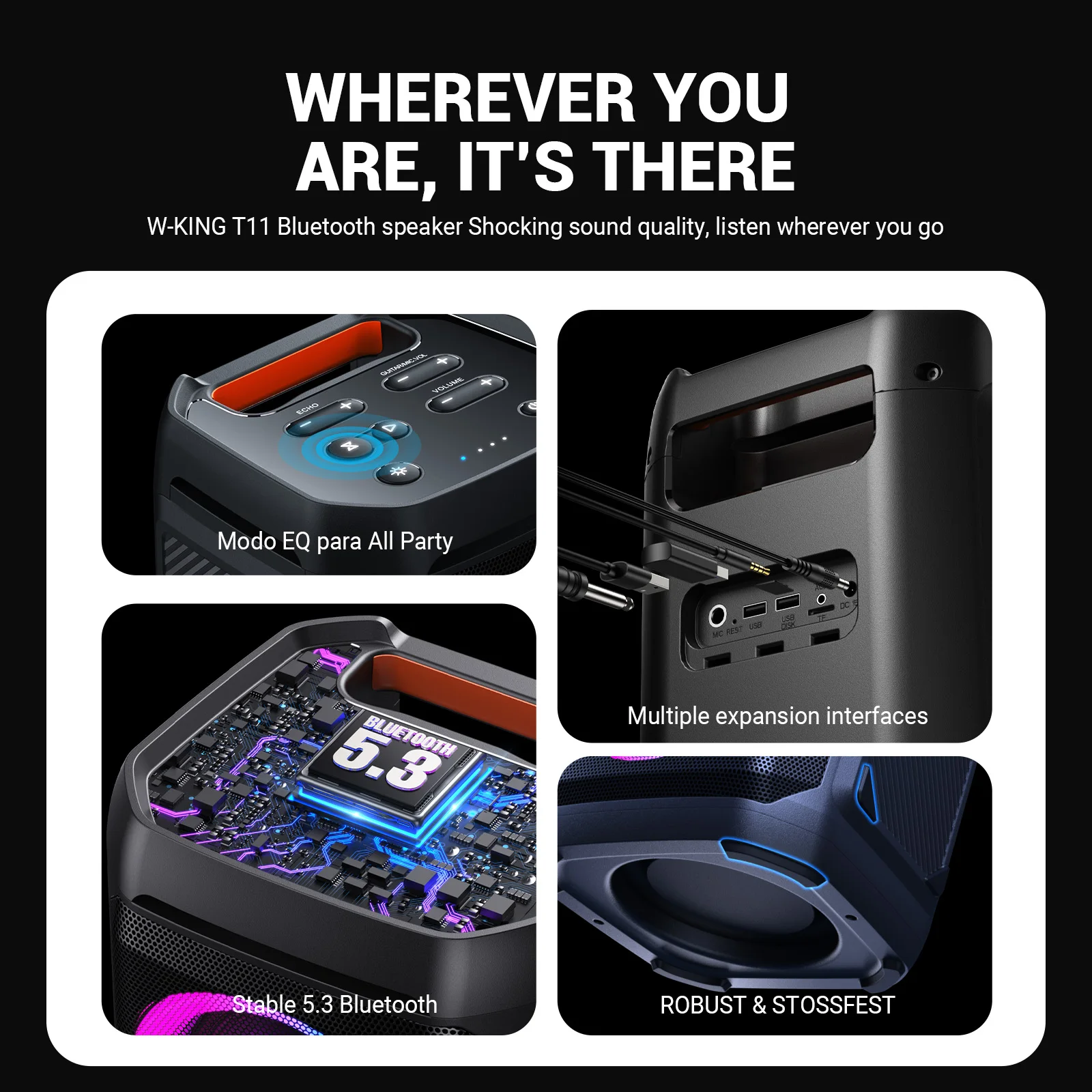 W-KING T11 100W RMS Bluetooth Speakers, IPX6 Waterproof, BT 5.3 Portable Party Boombox - Image 6