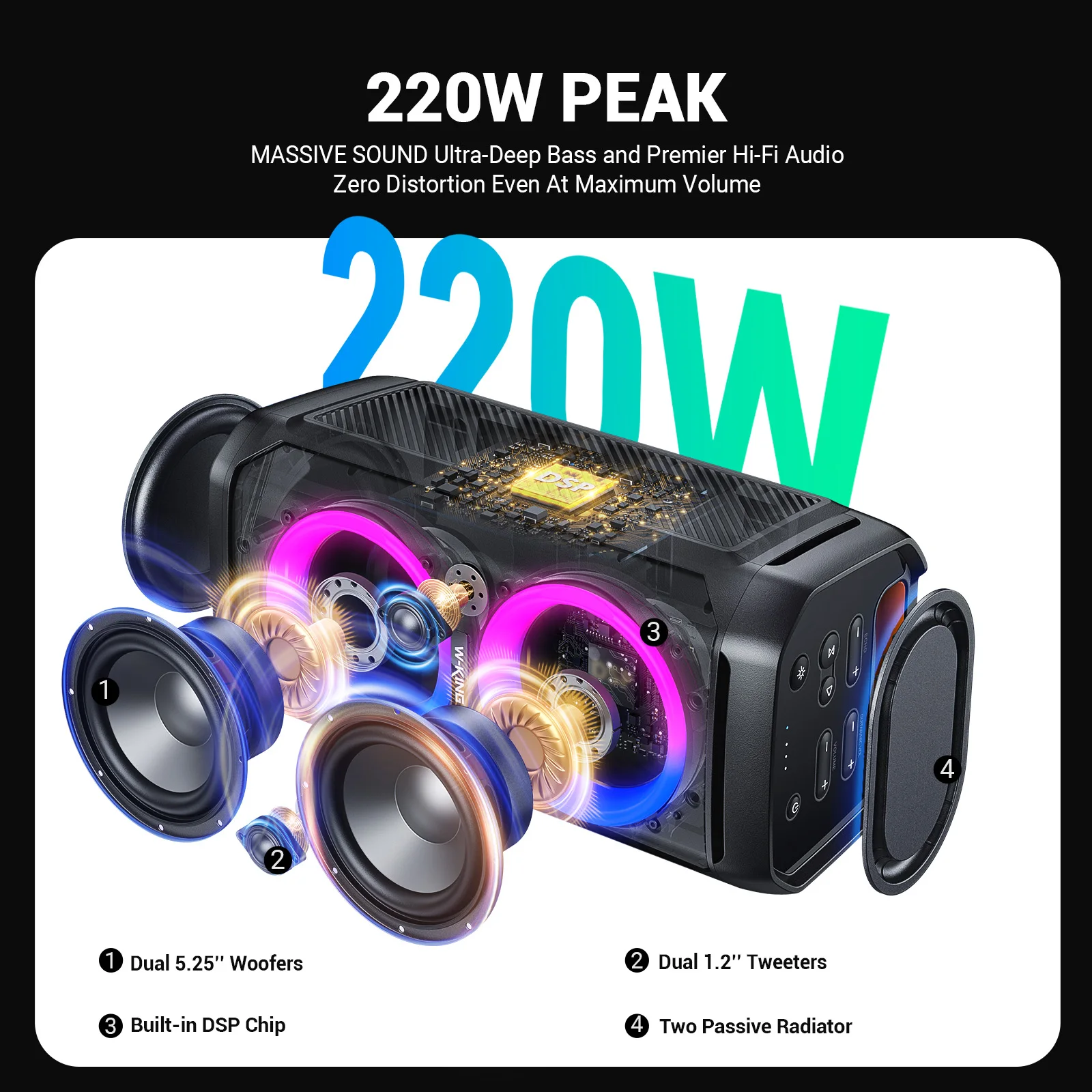 W-KING T11 100W RMS Bluetooth Speakers, IPX6 Waterproof, BT 5.3 Portable Party Boombox - Image 5